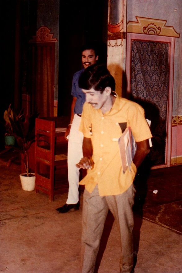 "Sirippoli Chidambaram performing in a stage drama"