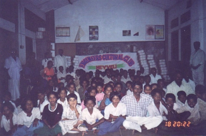 "Sirippoli Chidambaram with students at an Engineers Cultural Club event"